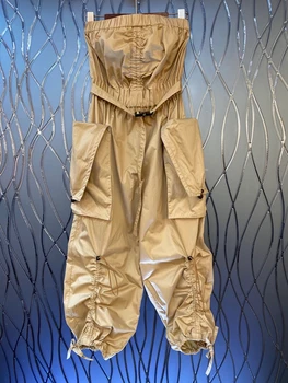 

2020 early autumn new women's buckle belt waist decoration symmetrical pockets solid color tube top jumpsuit casual pants 823