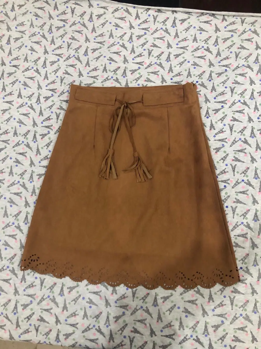 Real Shot Autumn and Winter Sweet Lady Fan Solid Color Wave Hollow Hem Suede A Side Zipper Skirt