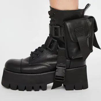 

Womens Round Toe Genuine Leather Belt Buckle Pocket Arm Ankle Boots Platform Chunky Heel Combat Punk Shoes Black