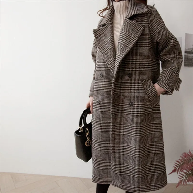 Женское теплое осенне-зимнее шерстяное пальто, женское длинное шерстяное пальто в шотландскую клетку, большие размеры