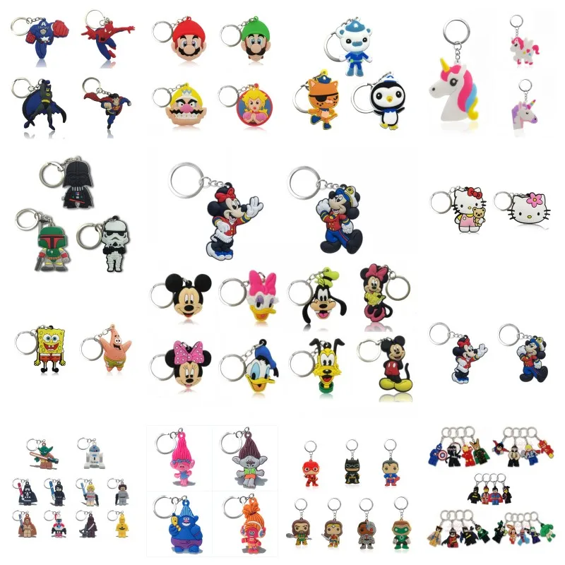 

100pcs Keychains Mickey Avenger Cartoon Figure PVC Key Ring Unicorns Fashion Accessories Key Chain Trinkets Kids Party Gift