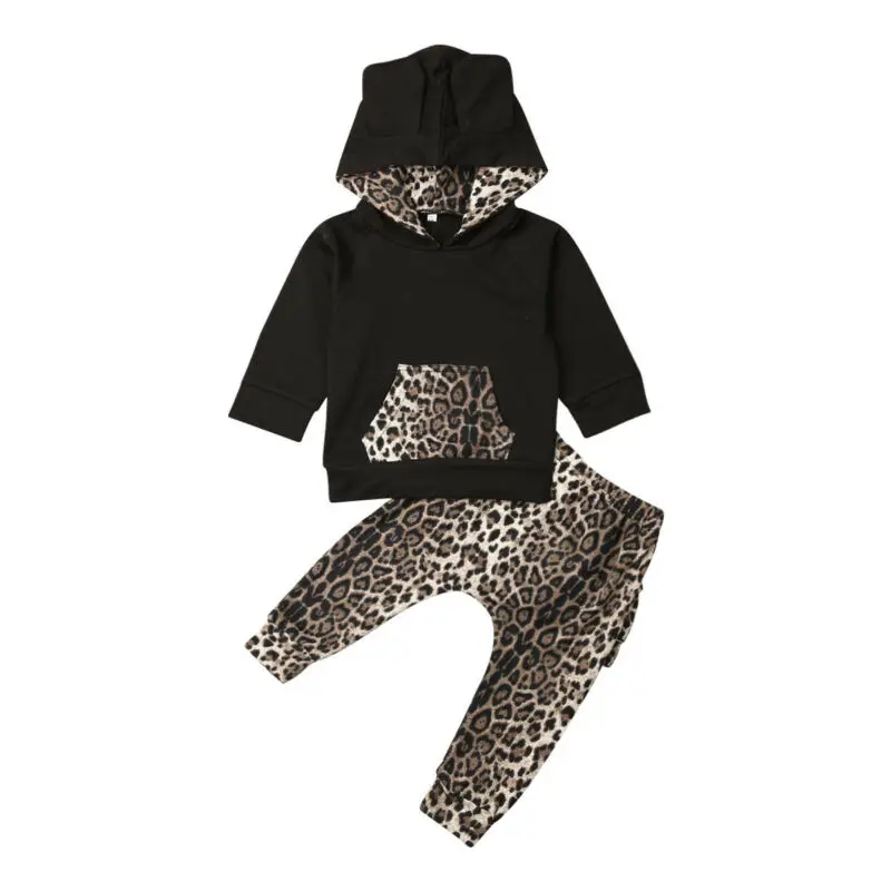 Autumn Winter Toddler Baby Boys Kids Hooded Sweater Leopard Trousers Leggings Clothes Tops 2PCS Set |