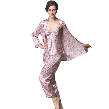 

3pcs/set Soft Silk Plaid Home Suits Pyjamas Autumn Sleepwear Nightwear Loose Fake Silk Pajamas Women's Set High Quality Female