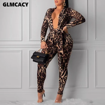 

Women Leopard Print Lantern Sleeve Jumpsuit Retro V Neck Rompers Jumpsuit Casual Summer Overalls Chic Streetwear