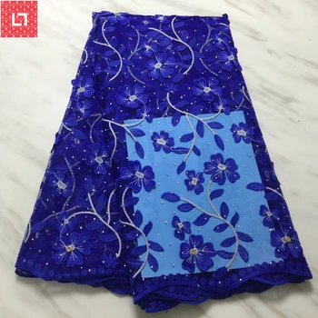 

2020 Latest Royal Blue Tulle Lace Fabric High Quality Europe And American Fashion Fabric With Beads Stone French lace Fabrics