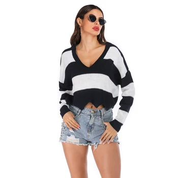

SKTSUUC Women Knitted Sweater Wavy Trimmed V Neck Loose Black And White Striped Sweater Women 2019 Pullovers Spring Autumn