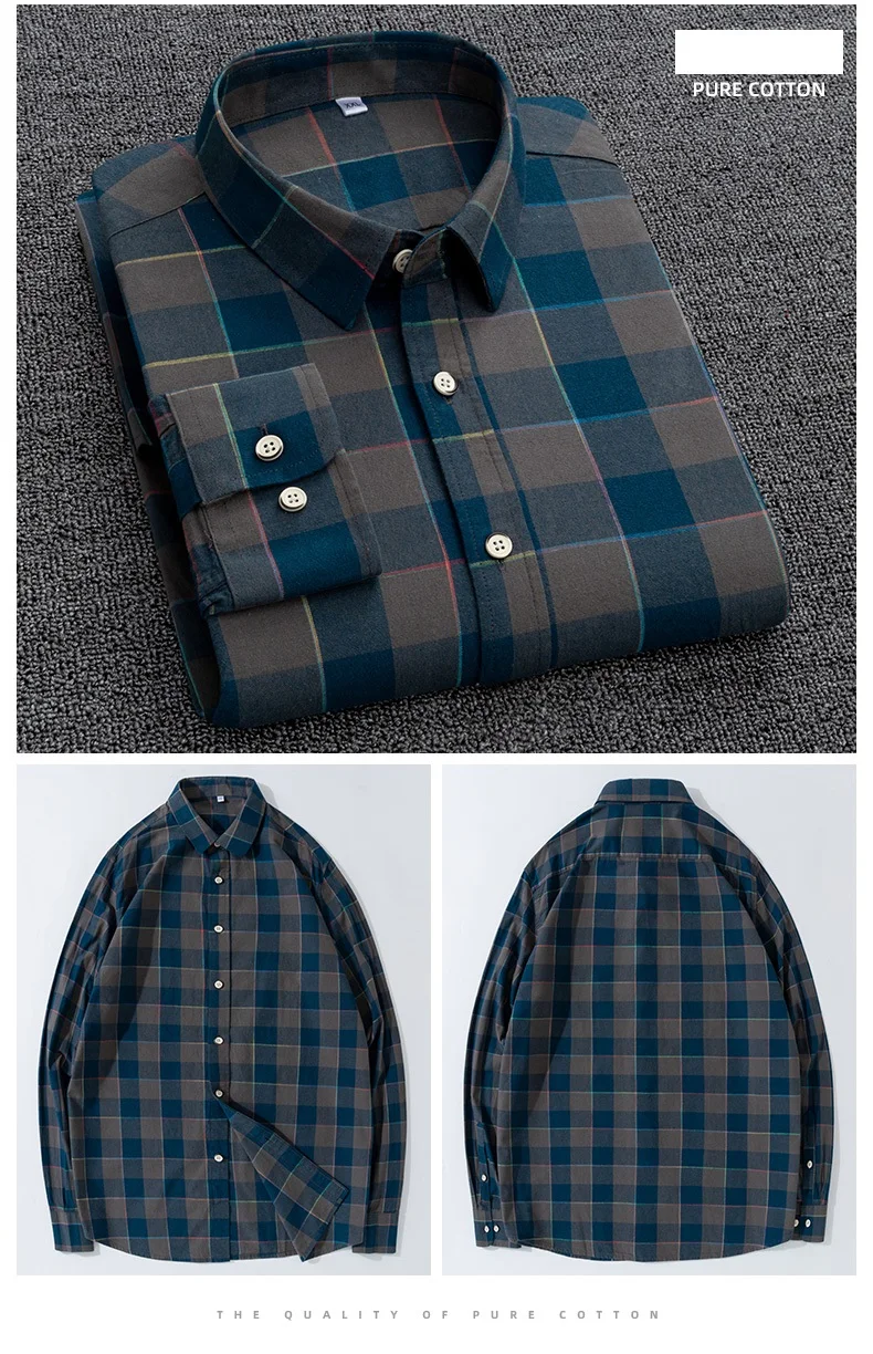 Men Plaid Pure Cotton Shirt Korean Casual Soft Coat Jacket Slim Shirts Spring Autumn Male Quality Long Sleeve Chest Pocket Shirt mens short sleeve button down