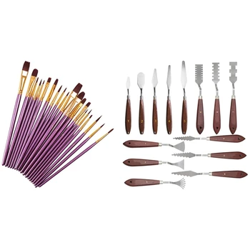 

14 Pieces Palette Knife with Wood Handle & 20Pcs Paint Brush Set Artist Paint Brushes