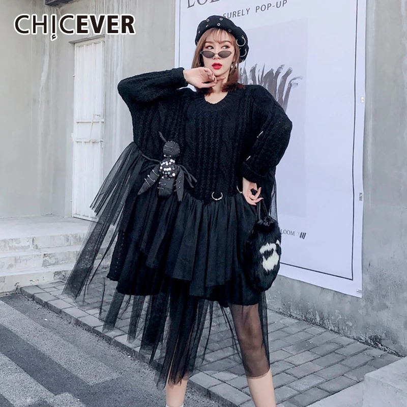 

CHICEVER Patchwork Mesh Figurine Knitted Sweater Women O Neck Asymmetric Oversize Thick Pullovers Female 2020 Fashion Clothes