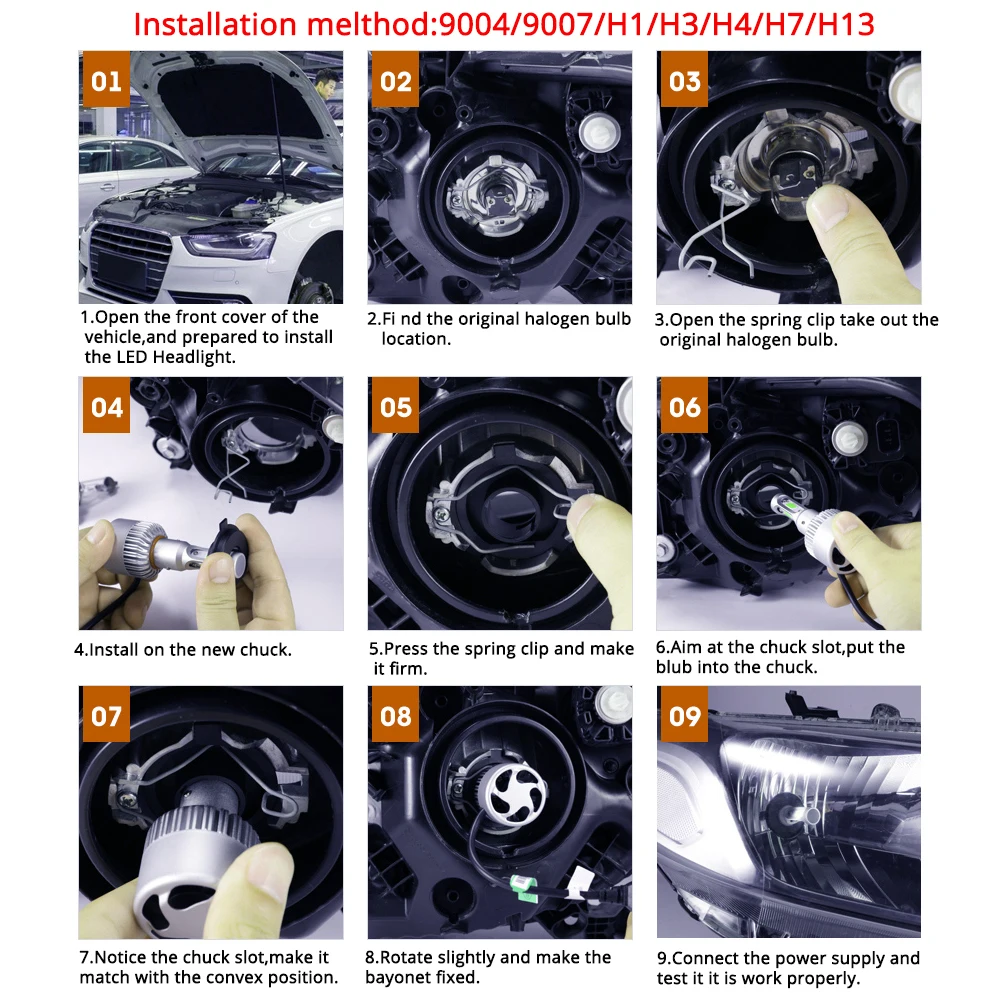 Hviero White H4 H7 H11 H1 H3 9005 9006 COB Car LED Headlight Bulbs Hi-Lo Beam 72W 8000LM 6500K Auto Headlamp Led Car Lights DC 12v 24