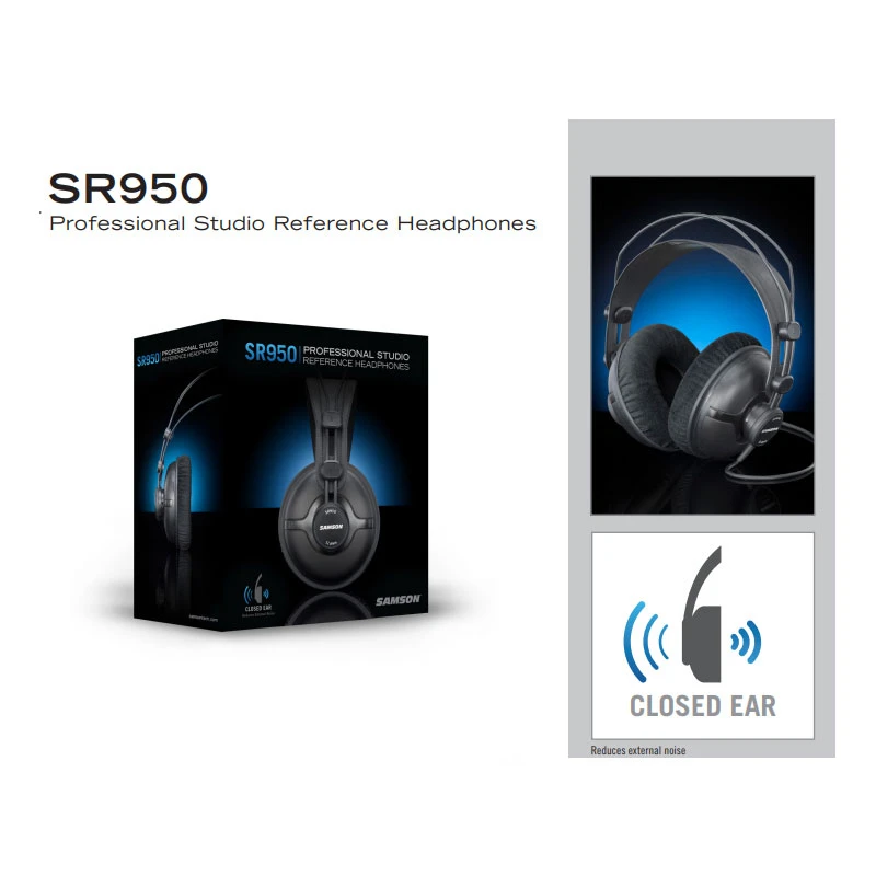 SAMSON SR950 Professional Studio Reference Monitor Headphone Dynamic Headset Closed Ear Design for Recording Monitoring Game DJ