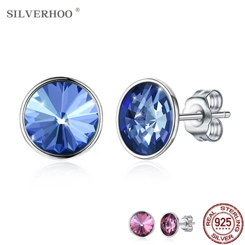 

SILVERHOO 925 Sterling Silver Circular Pretty Stud Earrings For Women Austria Multicolor Crystal Earrings Fashion Style Jewelry