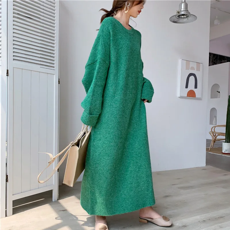 DEAT New Round Neck Full Sleeves Knits Pullover Loose Long Big Size Cashmere Female Sweater Dress 19F-a150-02