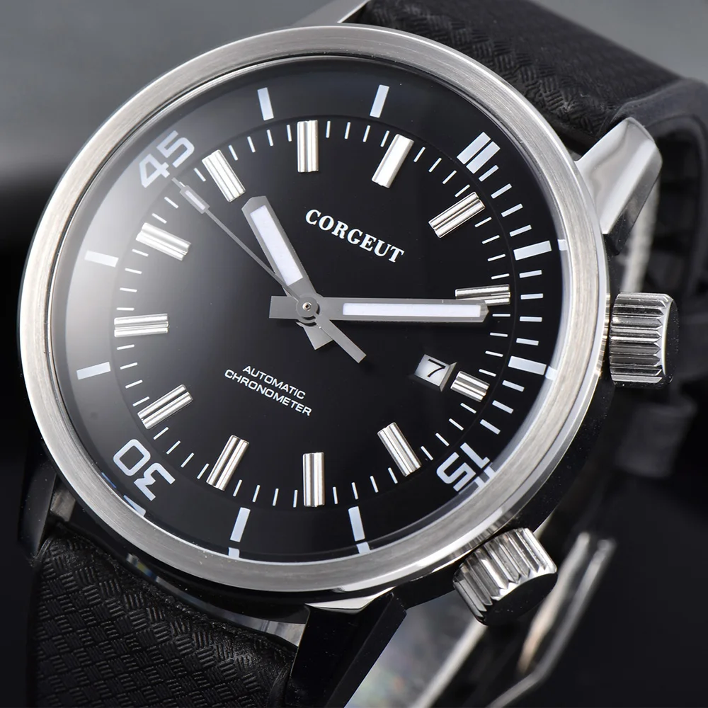 Corgeut 44.5mm Automatic Mechanical Watch Men Black Dial Top Brand Luxury Date Rubber Sport Luminous Waterproof | Наручные часы