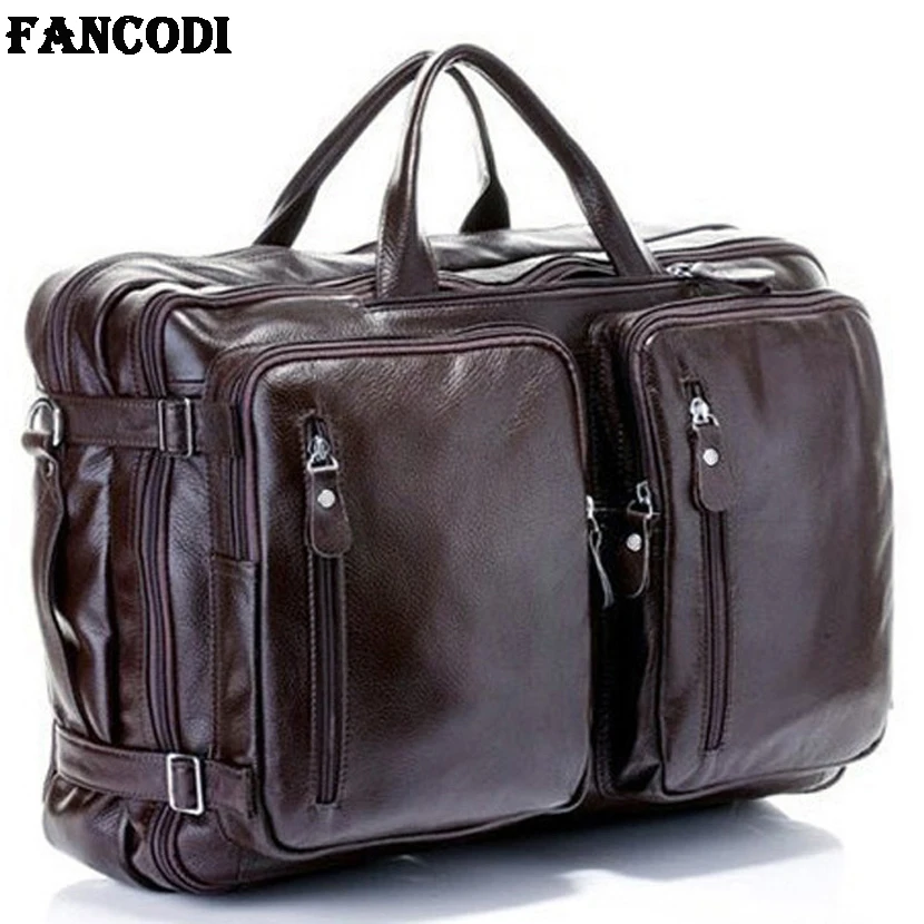 Bolso de viaje de cuero genuino para hombre, multifunción, de moda, de cuero genuino, de viaje, de lona, grande, para fin de semana