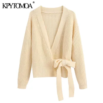 

KPYTOMOA Women 2020 Fashion With Bow Tied Cropped Knitted Cardigan Sweater Vintage Long Sleeve Wrap Female Outerwear Chic Tops