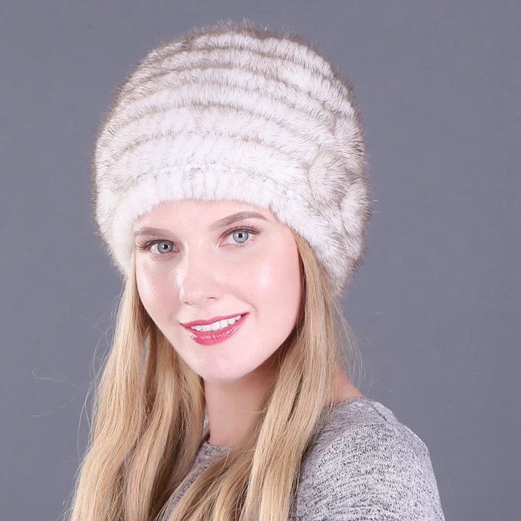 color4 Winter Hat Mink Women Knitted Warm Cap Floral Fashionable Fluffy Elegant Female Genuine Natural Fur Hats - Цвет: color4
