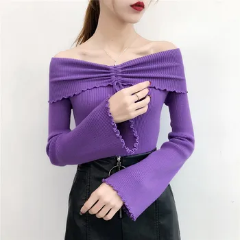 

2019 Women Sexy Slim Off The Shoulder Knit Pullover Elegant Classic Fashionable Design Solid Color Flare Sleeve Women's Sweater