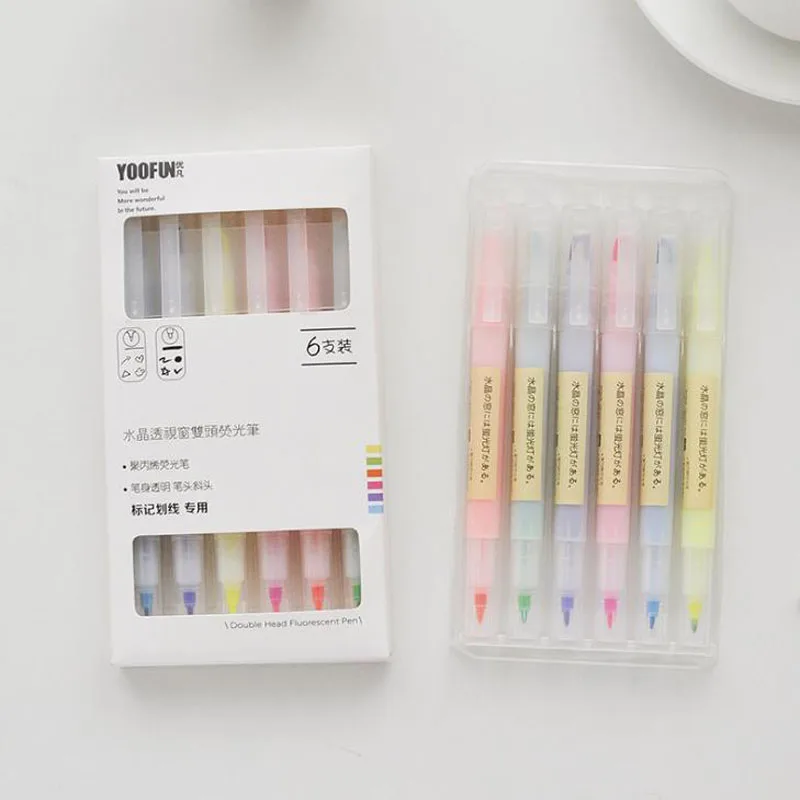 

6 Pcs/pack Kawaii 6 Colors Crystal Double Head Highlighter Pens Candy Color Drawing Art Marker Pens Gift Stationery Supply