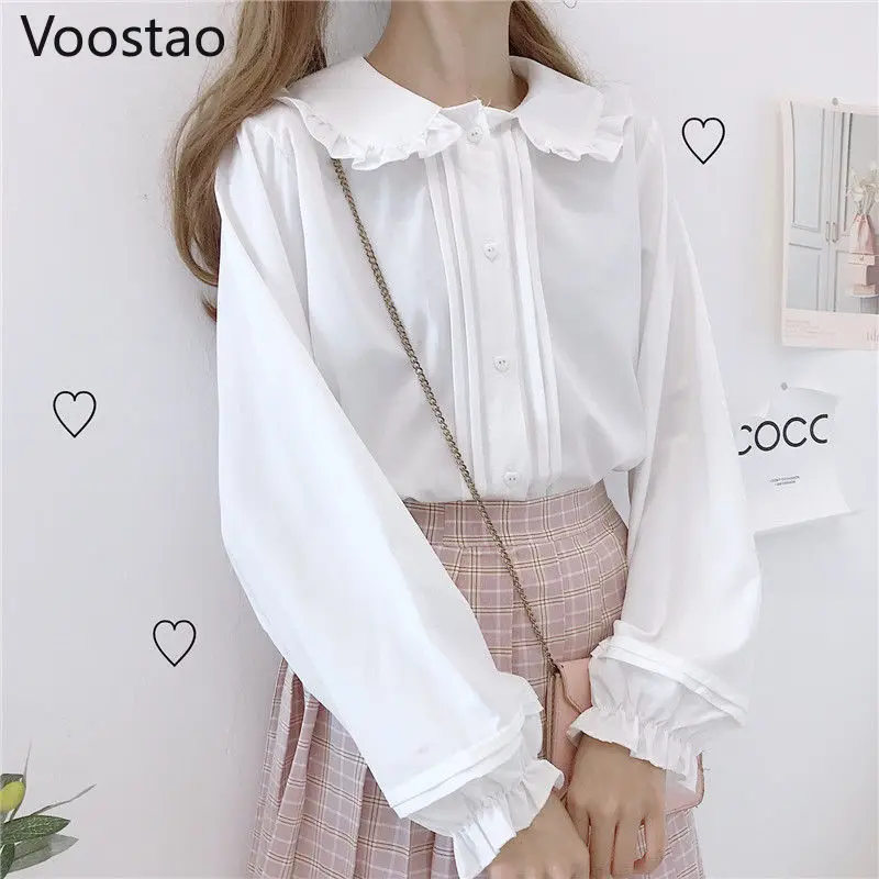 Lolita Blouses Autumn Winter Japanese Style Girly Peter Pan Collar Lantern Long Sleeve Tops Women Sweet