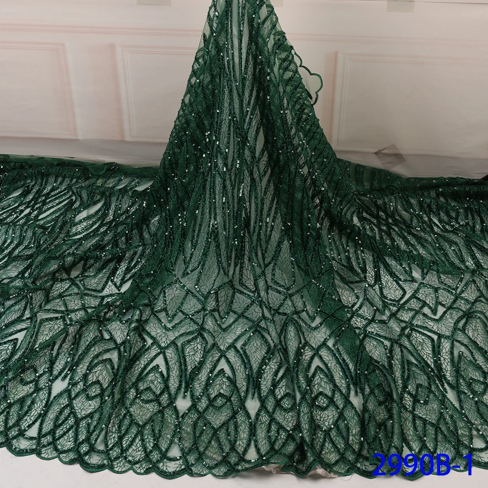 

2019 Hot Sales Emerald Green Lace Fabric African Tulle Fabric with Sequins French Net Fabrics for Asoebi AMY2990B-1