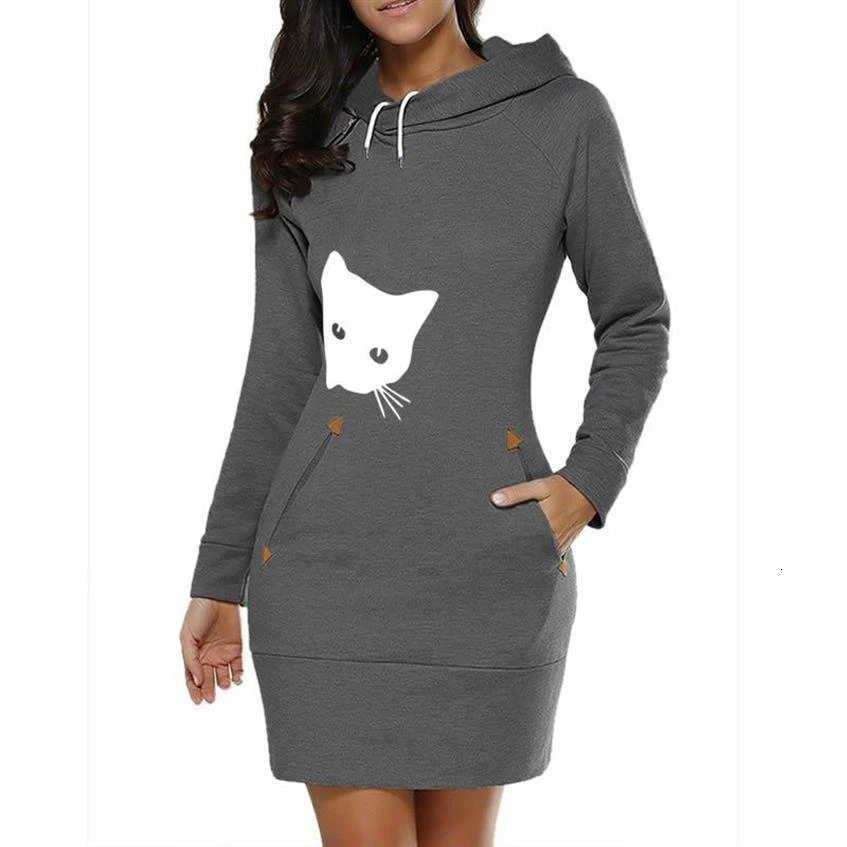  Long Dress Hoodies For Women CAT Letters Print Tops Hoodies Women Sweatshirt Femmes Corduroy Printi