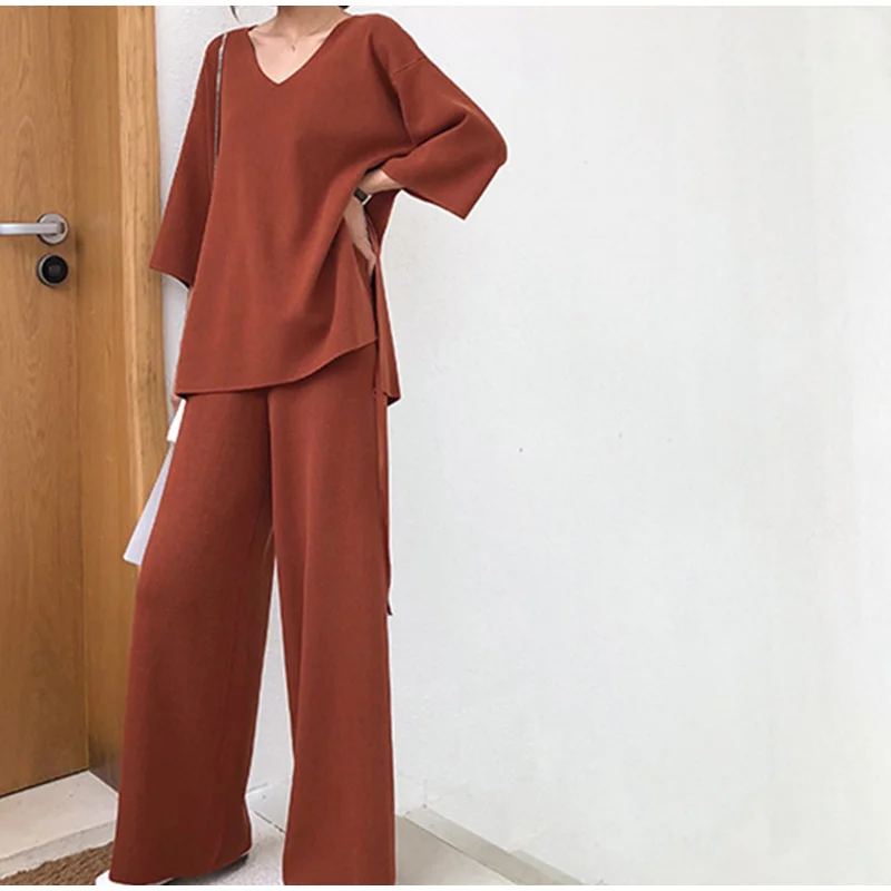 Женский комплект из 2 предметов, 4XL, вязаный свитер, широкие штаны для женщин, комплект из двух предметов, вязаный пуловер с v-образным вырезом, топ и штаны, два комплекта для женщин