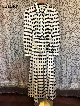 

Elegant Work Dress 2020 Spring High Quality Women Turn-down Collar Polka Dot Print Long Sleeve Mid-Calf Length Dress Female