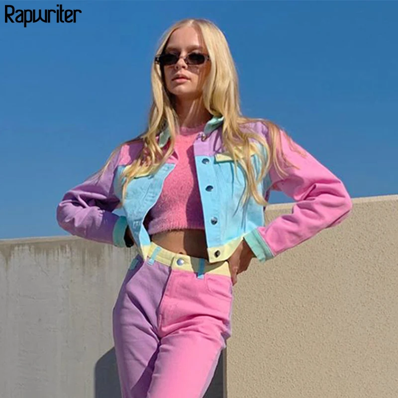 

Fashion Patchwork Pink Cropped Bomber Short Jacket Women 2020 Autumn harajuku Y2K Long Sleeve Button Coat Streetwear Rapwriter