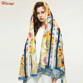 

2019 spring and autumn new fashion cotton scarf ladies sunflower pattern printed cotton scarf
