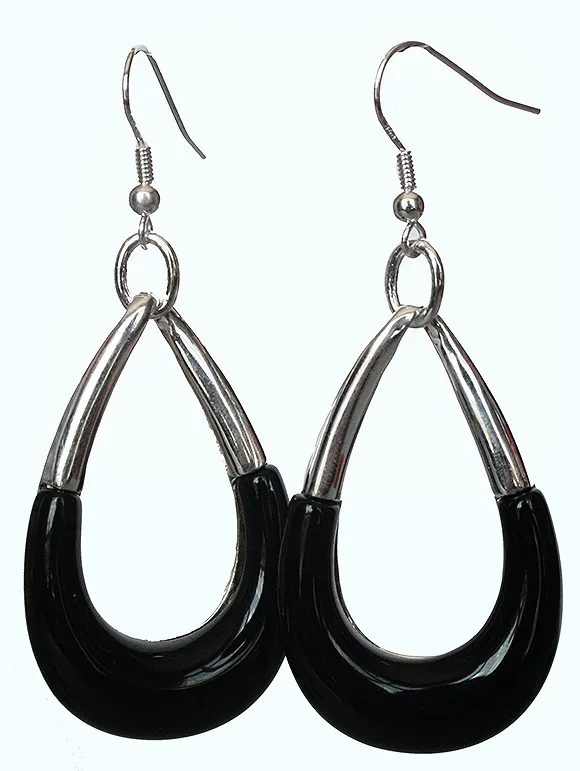 

VINTAGE BLACK JADE Marcasite HUGE 925 SILVER HOOK EARRING 2 1/2