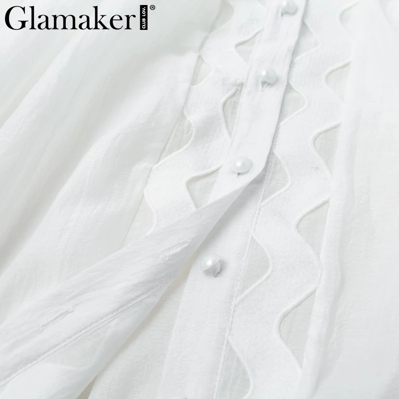 Glamaker Sexy transparent ruffle short dress Women long lantern sleeve A-line Organza white dress Button party autumn vestidos