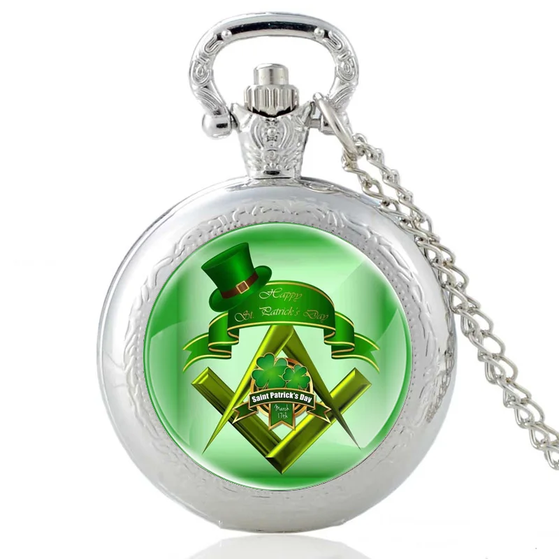 Saint Patrick's Day Freemasonry Symbol Glass Cabochon Quartz Pocket Watch Vintage Men Women Pendant Necklace Watches Gifts | Наручные