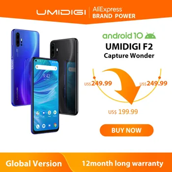 

UMIDIGI F2 Phone Android 10 Global Version 6.53" FHD+ 6GB 128GB 48MP AI Quad Camera 32MP Selfie Helio P70 Cellphone 5150mAh NFC