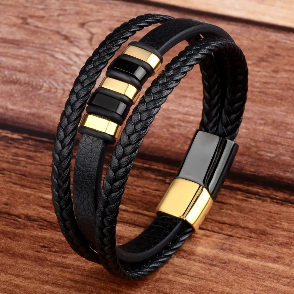 Men's Genuine Leather Bracelet With Gold Sliver Stainless Steel
