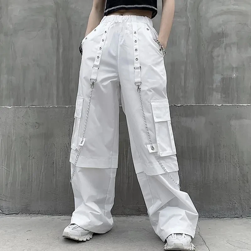 Pantalón con cadena gótico Harajuku, petos blancos, versión coreana de INS, hip-hop, cintura alta, holgado, recto ancho, para fregar las piernas