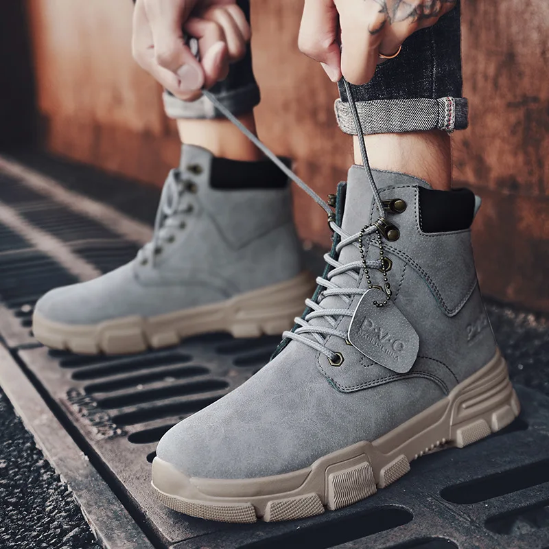 

2019 Winter New Style Desert Boots Men Korean-style Trend Martin Boots Casual Gray MEN'S SHOES Thick Bottomed Lace-up round-Toe