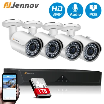 

Jennov 3MP CCTV Security POE NVR Kit System 4CH 8CH Audio Record Outdoor POE Camera P2P Waterproof IR Video Surveillance Set 3TB