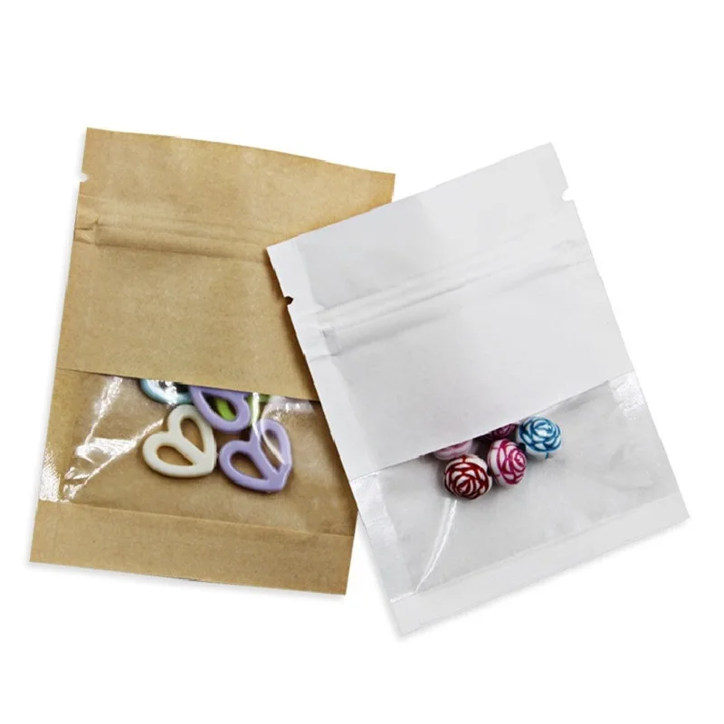 

Wholesale Small Kraft Paper Window Packaging Bags Flat Window Ziplock Gift Pouches for Herbal Powder Nuts USB DIY Gifts Bags