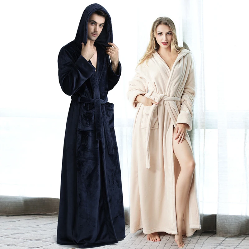 

Aolamegs Men Bathrobe Flannel Hooded Sleepwear Soft Long Open Robe Cozy Warm Advanced Lovers Homewear Baggy Style Pajamas Winter