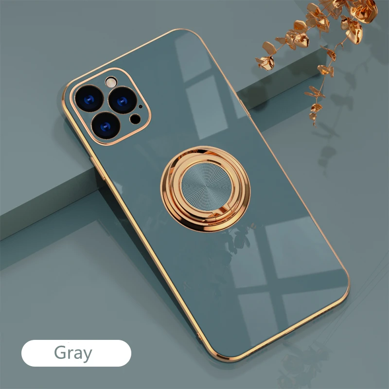 thumbnail image 1 of Luxury Plating Silicone Case For iPhone 15 14 13 12 11 Pro Xs Max Mini SE X XR 7 8 Plus Metal Ring Holder Stand Soft Phone Cover, 1 of 5