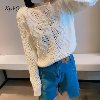 

Brand Design Runway 2020 Autumn O-neck High Quality Pearl Beaded Blouse Hollow Out Knit Sweater Women Pullover Coat Clothing