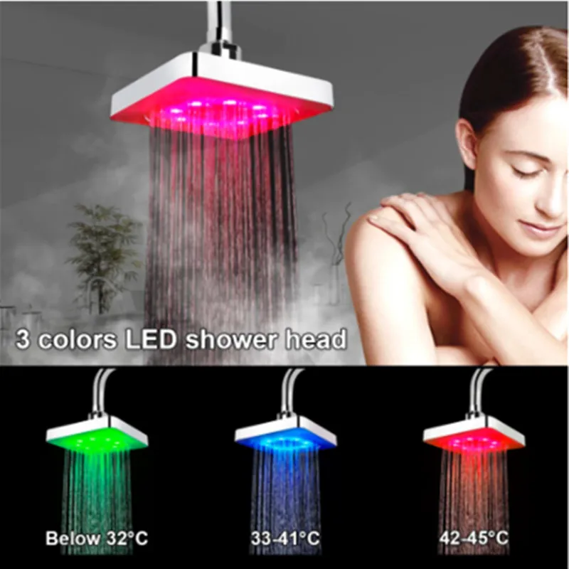 New LED Rainfall Shower Head Square Shower Head Automatically RGB 7 Color-Changing Temperature Sensor Showerhead for Bathroom