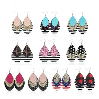 

Fashion Multilayer Glitter Dangle Earrings PU Leather Zebra-printing Flag Leaves Water Droplet Earrings Jewelry Accessories