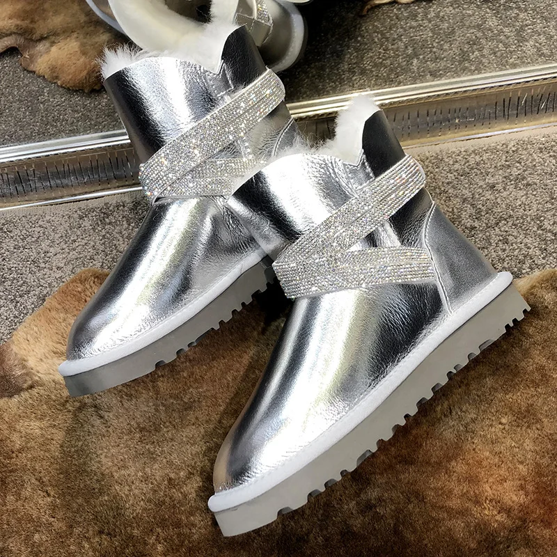 

Natural Sheep Fur Snow Boots Flat heel Metallic Silver Waterproof Beading Embellished Ankle Boots Winter Warm Shoes Women