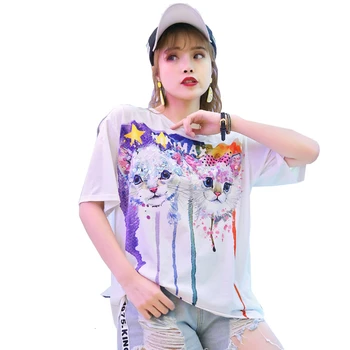 

QING MO White Women Cat Printed T Shirt 2020 Spring Summer Women Lovely Shirt Female Casual Loose T Shirt ZQY2673