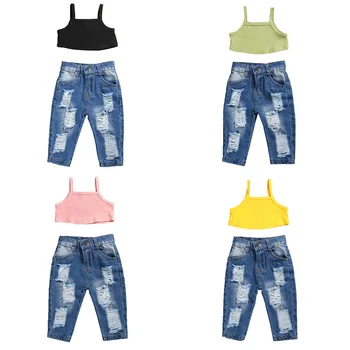 

2020 Summer Girls Clothing Set Newborn Baby Children Kids Sleeveless Knitted Crop Tops+Ripped Hole Long Pants Jeans 2 pcs