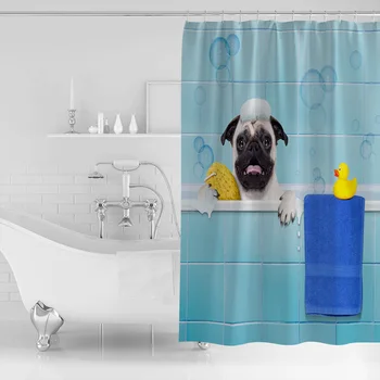 

Fabric Shower Curtain Bathroon Pug Dog Cartoon Cute Shower Curtains Waterproof Polyester Bathroom Shower Curtain &12 Hooks