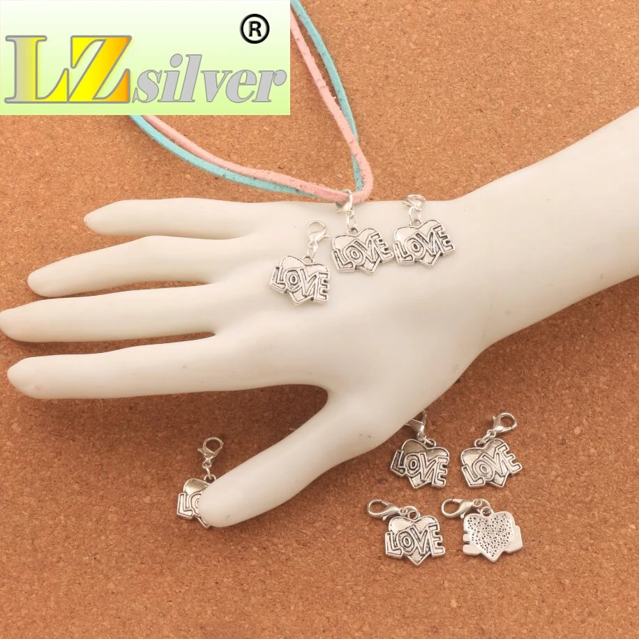 100PCS Love Letter Heart Lobster Claw Clasp Charm Beads 17.5x31.1mm Jewelry DIY C931 LZsilver
