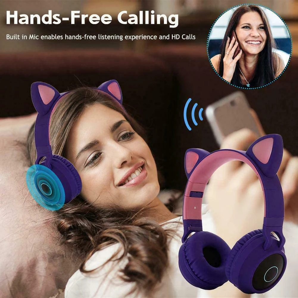 Cute Cat Bluetooth 5 0 Headset Wireless Hifi Music Stereo Bass Headphones LED Light Mobile Phones Girl Daughter Headset For PC